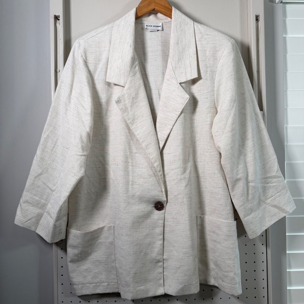 Alice Stuart Vintage Linen Blend Blazer Jacket Cream Neutral Plus Size 20W USA